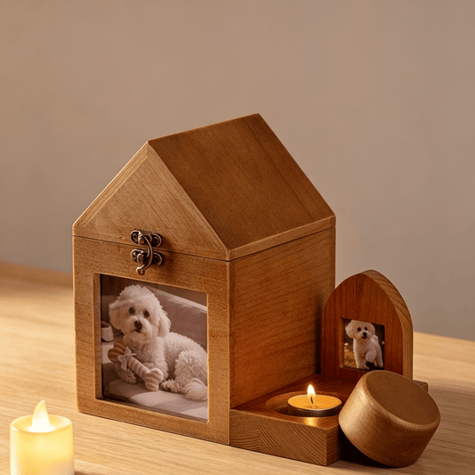 Photo Frame Coffin (Cozy Little House + Complete Set of Candle Holders) - Paws Eternal